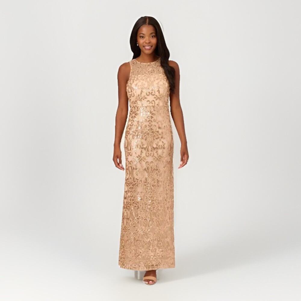 Papell Studio Metallic Gold Sequin Embroidery Maxi Gown Dress Sz 10 Wedding Gala